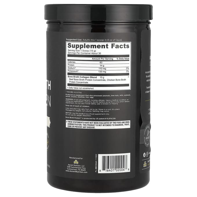 Nutrition Ancienne, Bouillon d'Os Collagène, Pur, 15,9 oz (450 g)
