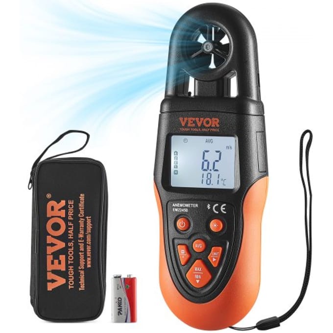 VEVOR Anemometer 78,4 MPH Luchtsnelheidsmeter 191x67x43mm Windmeter IP44 Windmeter Windkrachtmeter MAX/MIN/AVG/CU Windsnelheidsgegevens Bluetooth Snelheidsmeter