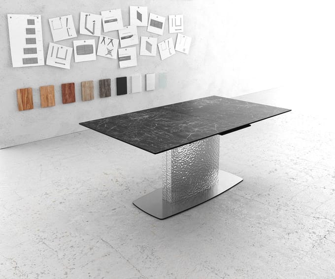 Eetkamertafel Edge keramiek Laminam®Nero Greco grijs 180-220x100 Wave RVS uitschuifbaar