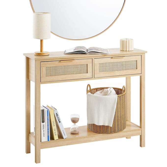 Rotan Console Tafel met 2 Opberglades Rotan Schuifdeur Natuurlijk