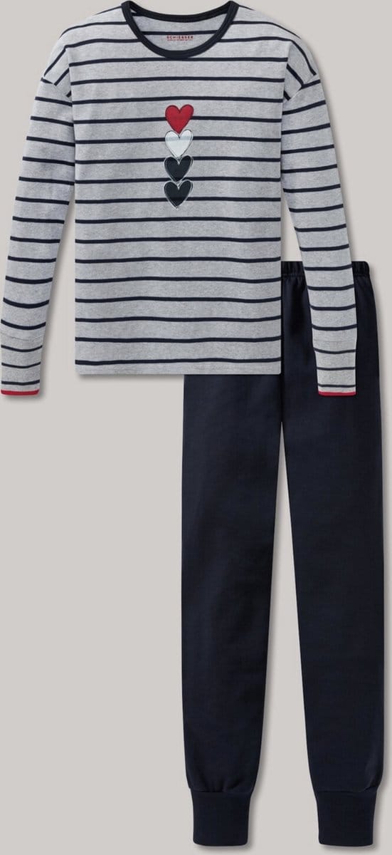 Schiesser - Pyjama lang interlock strepen hartjes grijs-gemêleerd - Red Delight - 10 jaar