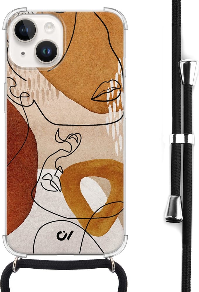 Casevibes - Telefoonhoesje met koord - Geschikt voor Apple iPhone 14 - Abstract Shape Faces - Bruin -