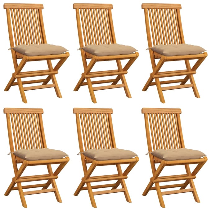 vidaXL - Klapstoelen - met - beige - kussens, - 6 - stuks, - massief - teakhout