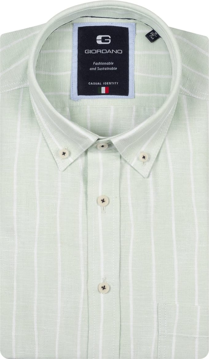 Giordano – Brando – Heren Overhemd – Linnenmix – Button Down – Gestreept Overhemd - Groen – 617103-71