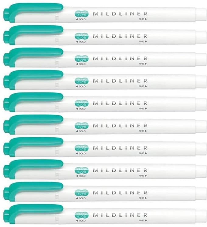 Zebra Mildliner Double-Sided Highlighter - Fine / Bold – Mild Summer Green Set van 10 + een Luxe Zipperbag - WKT7-MSG