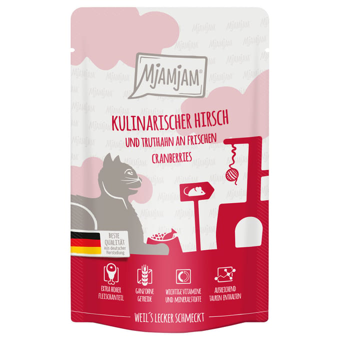 MjAMjAM Cat - Leckere Mahlzeiten Pouchbeutel 12x125g | Hirsch, Truthahn & Cranberries
