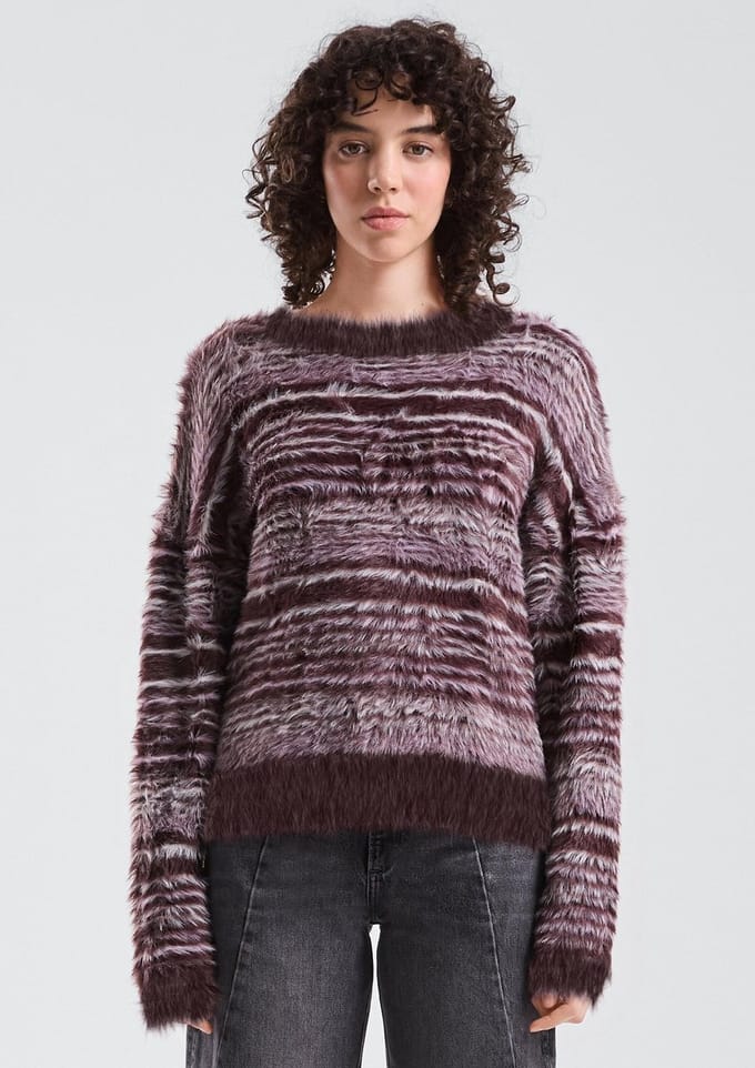 Dames gestreepte fluffy gebreide oversized pull QS
