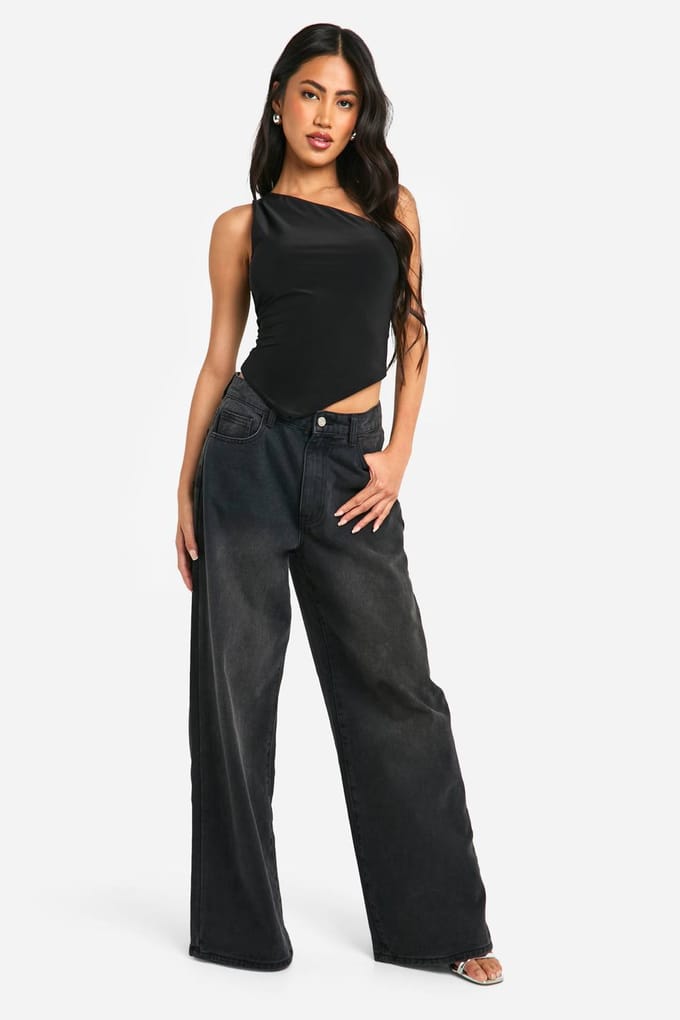 boohoo Dames Dubbele Laag Slinky One Shoulder Asym Hem Top | Zwart | Maat: 44