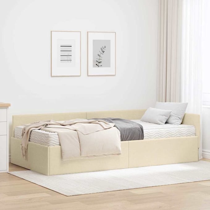 vidaXL - Hoekbedframe - met - Matras - 2 - st - Crème - 80 - x - 200 - cm - Stof