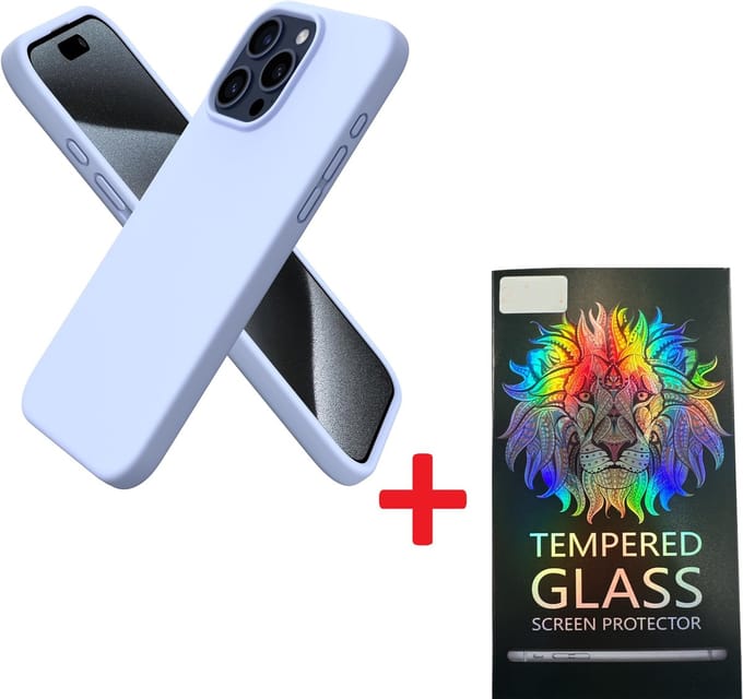 Solid hoesje Soft Touch Liquid Silicone + 1X Screenprotector Tempered Glass [Camera all-round bescherming] - Geschikt voor: iPhone 15 Pro Max - Lichtblauw