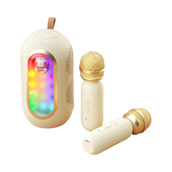 Mini Machine à karaoké, ensemble de microphones et haut-parleurs sans fil avec 2 microphones rechargeables, couleur LED beige