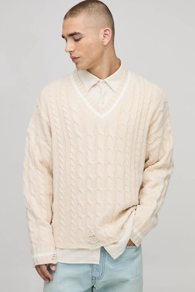 Boxy V Neck Cable Distressed Cricket Knitted Jumper | Ecru | Size Medium