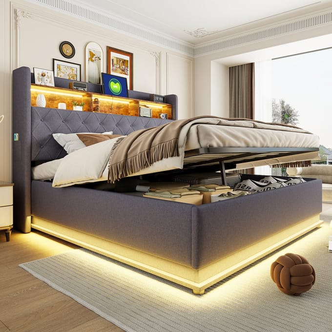 LED Gestoffeerd Bed 180x200 - Hydraulische Opbergruimte Met USB - Linnen - Grijs