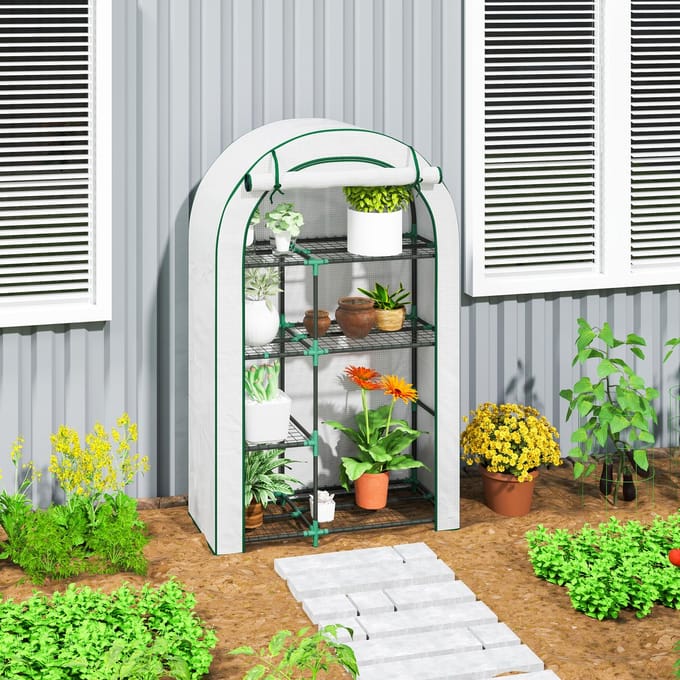 MODFU - Foliekas Met Rond Dak - Oprolbare Deur Met Rits - 7 Draadplanken - Stalen Frame - Wit - 100 X 45 X 160 Cm