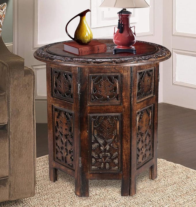Solid Wood Hand Carved Accent Table, Side Table, Entry Table, Wooden End Table, Bedside Table, Octagonal Wooden Table - 18 Inch Round Top x 18 Inch High - Burned
