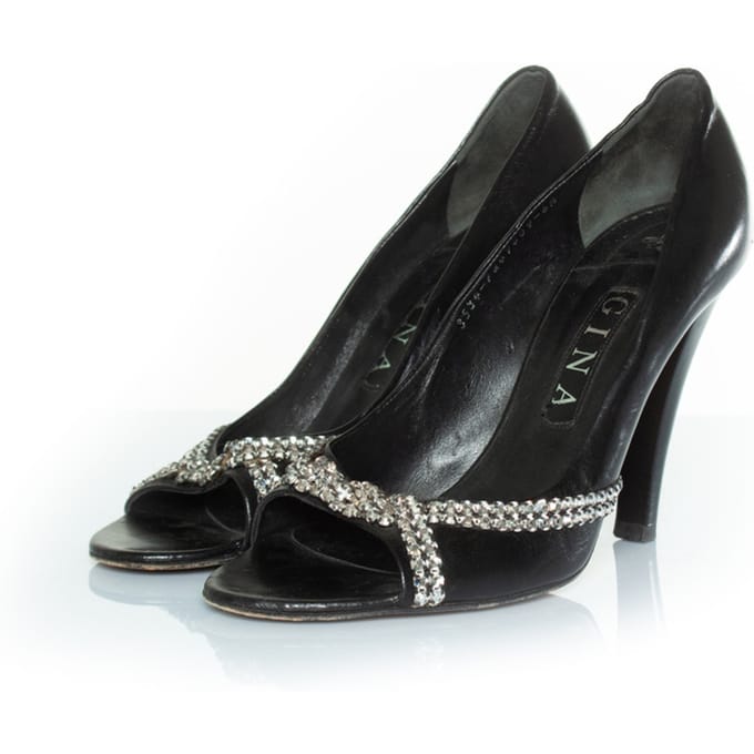 Gina Zwarte leren peeptoe hakken met strass
