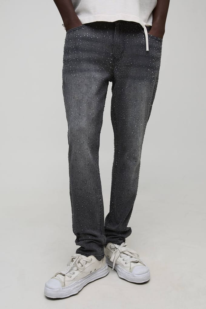 Slim fit, uitlopende denim jeans met heldere strass-steentjes | Washed Black | Size 32R