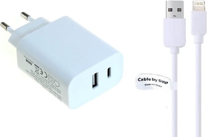 OneOne 20W Lader met USB A en C poort + 3,0m OneOne USB A naar Lightning kabel. USB C voor snelladen. Oplader adapter past op Apple iPhone 12 Pro Max, iPhone 13, iPhone 13 Mini, iPhone 13 Pro, iPhone 13 Pro Max, iPhone 14, Pro, 14 Pro Max