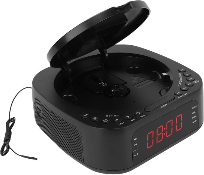 CD Speler Wekker - Desktop Radio - Wakker Worden - Dubbele Alarmen - Dimbaar Display - Wit