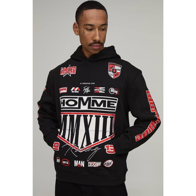 Zwarte Oversized Moto Crest Print Hoodie | Black | Size Medium