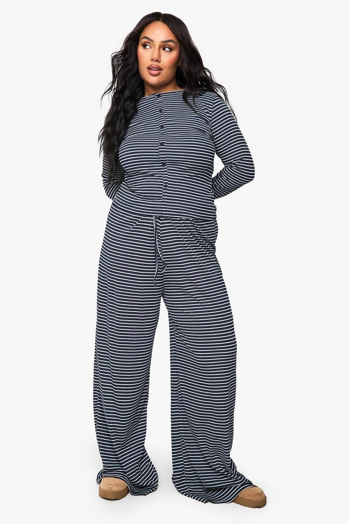 boohoo Dames Plus Broek met Enkel Trekkoord-Taille - Gestreept | Navy | Maat: 26