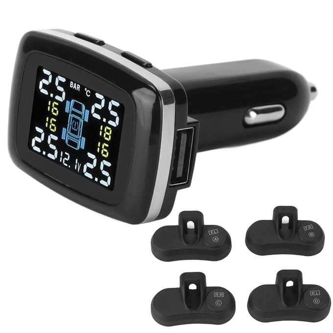 Système d'alarme de surveillance de la pression des pneus TPMS intelligent allume-cigare avec 4 capteurs internes black