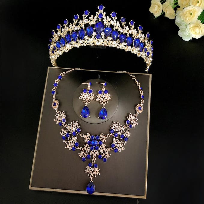 Prinses Bruidssieradenset Dames Mode Tiara Bruiloft Ketting Set Kroon Oorbellen Bruids Ketting Set Gala black