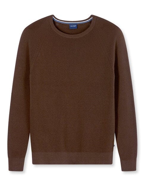 OLYMP Casual modern fit trui structuur - katoenmengsel - O-hals - bruin