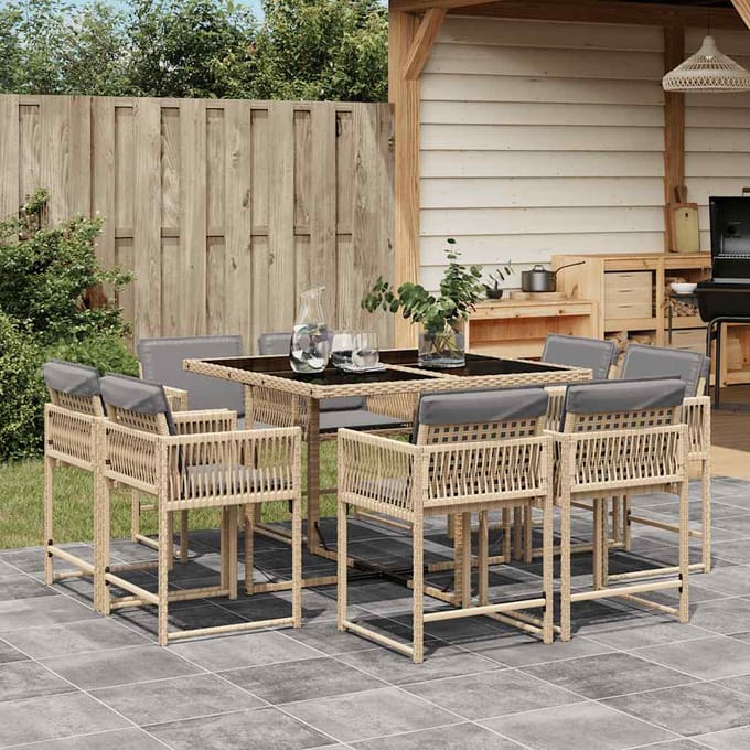vidaXL - 9-delige - Tuinset - met - kussens - poly - rattan - gemengd - beige