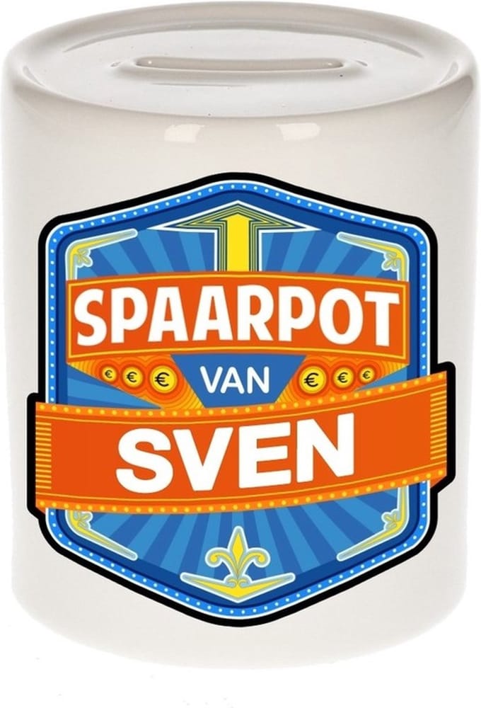 Bellatio Decorations Kinder spaarpot met naam - Sven - keramiek - met dop - wit - Sparen - Spaargeld van Sven