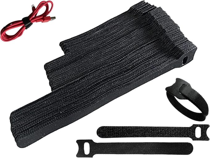 100 x Resealable Velcro Cable Ties - 10, 15, 20 cm Lengths, Reusable and Expandable, Black