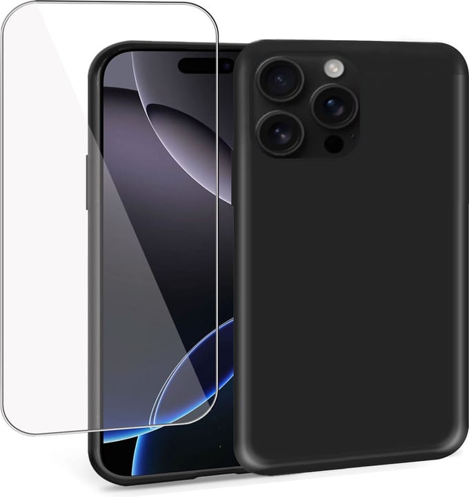 Geschikt voor Apple iPhone 16 Pro Max - Hoesje + Screenprotector – Gehard Glas Cover - Suède Case Zwart
