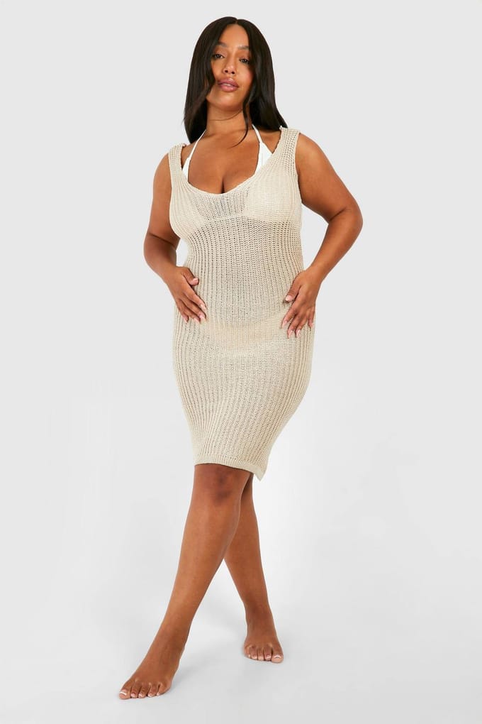 boohoo Dames Plus Twist Back Beach Dress | Creme | Maat: 56