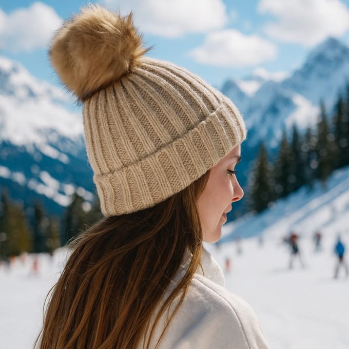 MISOU Muts - Dames - Warme - Wintermuts - met Pompon - Beige - Gestreept - Winteraccessoires - Skiën