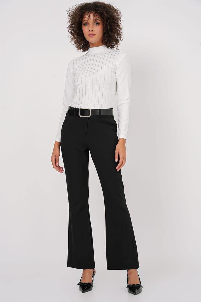 Gestreepte Halve Col Lange Mouw Top met Steen Detail