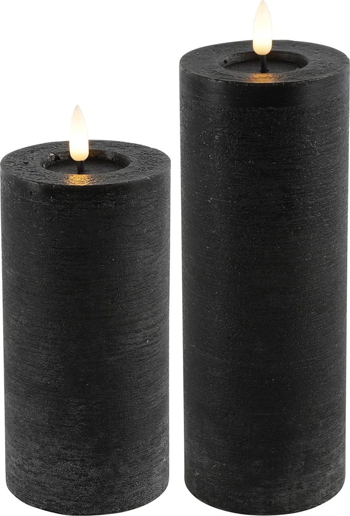 LED kaarsen/stompkaarsen - set 2x - zwart - D7,5 x H15 en H20 cm - timer