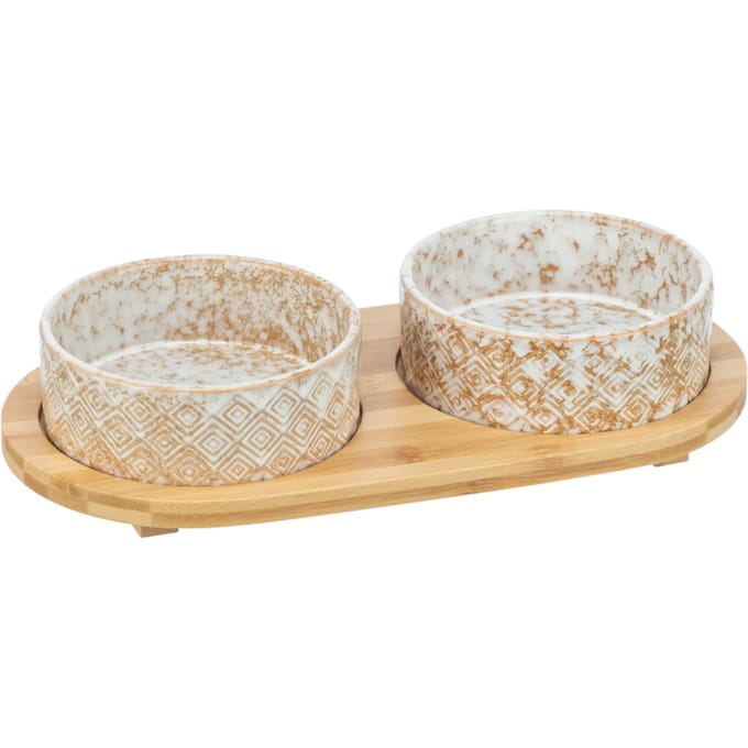 Trixie - Voerbak/Waterbak - Set - Keramiek/Bamboe - Wit/Natuur - 2X300 ML