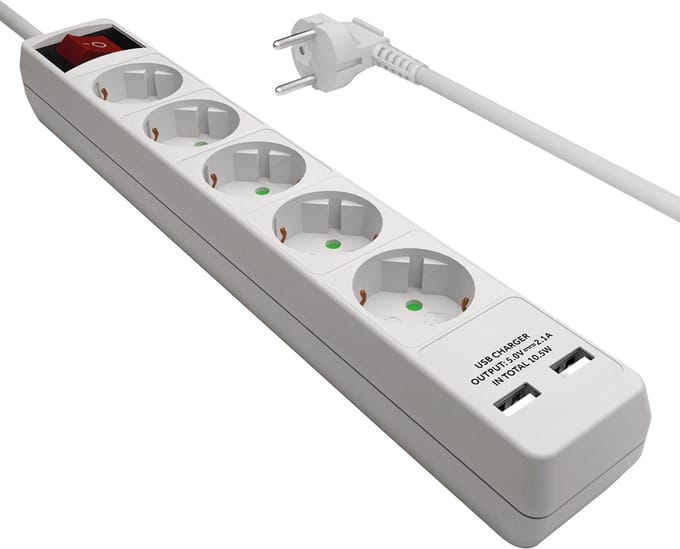 Stekkerdoos - Schuko - 5 voudig - 2x USB - Aan/uit schakelaar -2.5 meter - Wit - Allteq