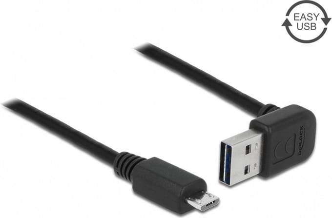 Micro USB naar Easy-USB-A haaks (boven/beneden) kabel - USB2.0 - tot 2A / zwart - 2 meter