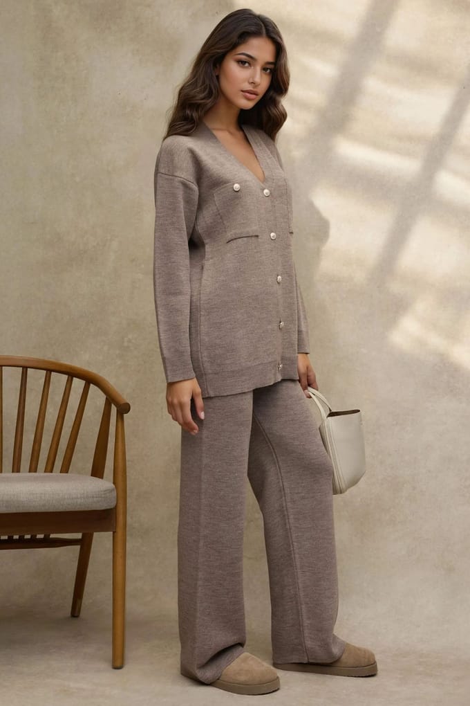 V-hals Cardigan & Hoge Taille Wijde Pantalon Gebreid Set