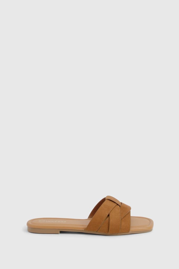 boohoo Dames Wide Fit Nep Suede Geweven Basic Mule Sandalen | Tan | Maat: 38