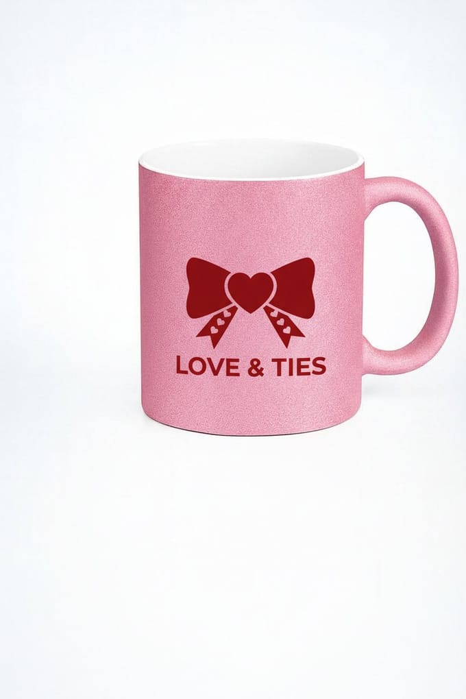 Roze Glitter Mok met Liefdes Strik & 'Love & Ties' Tekst - Romantisch Valentijn Cadeau