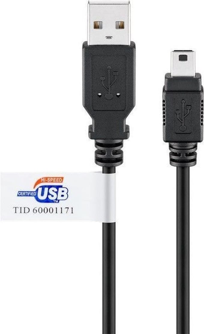 USB Mini B naar USB-A kabel - USB2.0 gecertificeerd - tot 1A / zwart - 3 meter