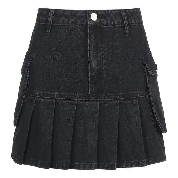 Jupe en jean pour femme Été A-line Ultra courte Plissée XXL black