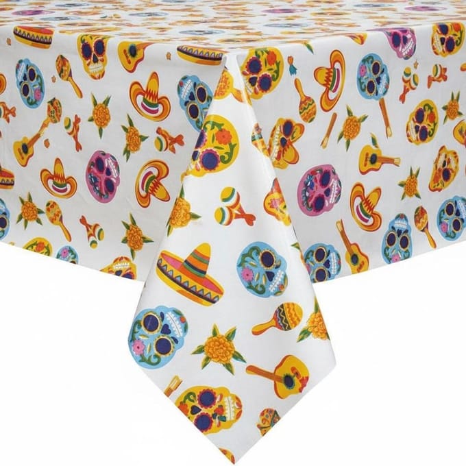 Protecttable - Mexicaans Tafelzeil Skull Wit 120x250cm - Tafelkleed Afwasbaar - Kunststof