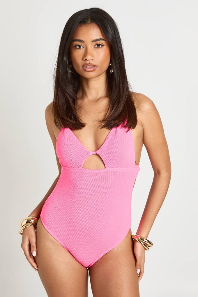 boohoo Dames Badpak Met Diepe V-hals, Keyhole Uitsnijding En Crinkle Structuur | Roze | Maat: 42
