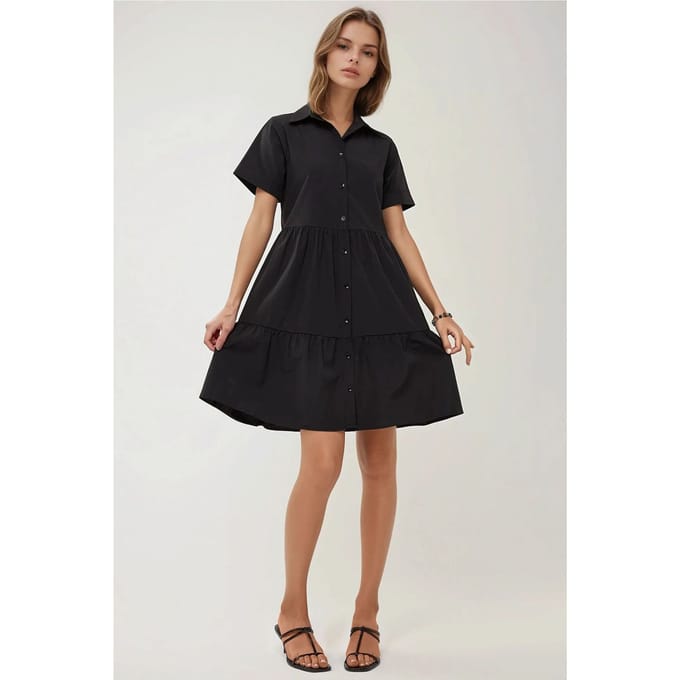 Mini A-vorm Shirtkraag Jurk met Knopen
