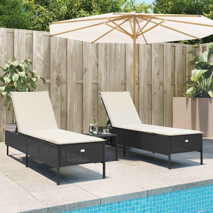 vidaXL - Ligstoelen - 2 - st - met - kussens - poly - rattan - zwart