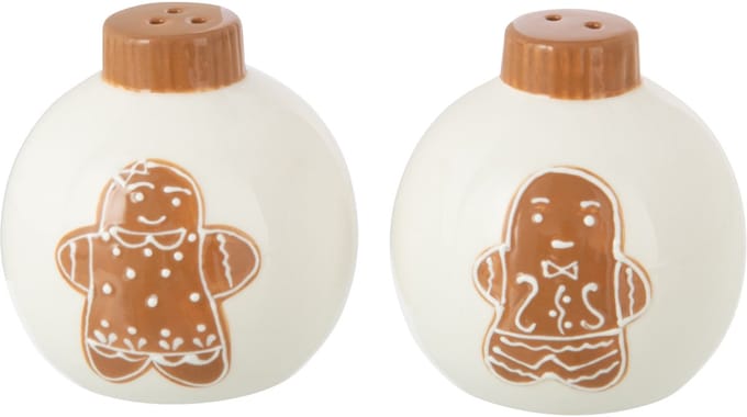 J-Line peper en zoutmolen set Kerstmis Bal Rond Dolomiet - keramiek - wit/caramel - 2 stuks