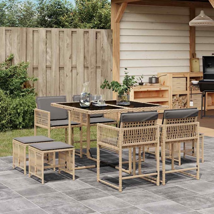 vidaXL - 9-delige - Tuinset - met - kussens - poly - rattan - gemengd - beige